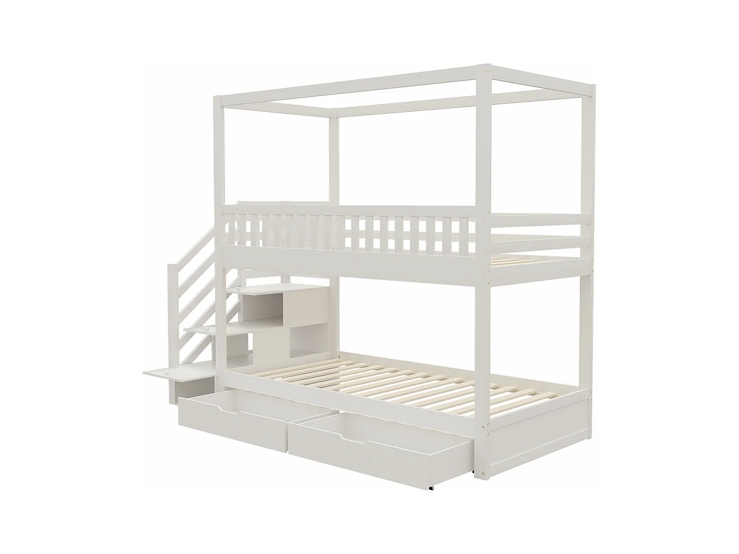Lit superposé enfant 90x200 cm - design barrière de sécurité - avec 2 tiroirs - échelle de sécurité - blanc