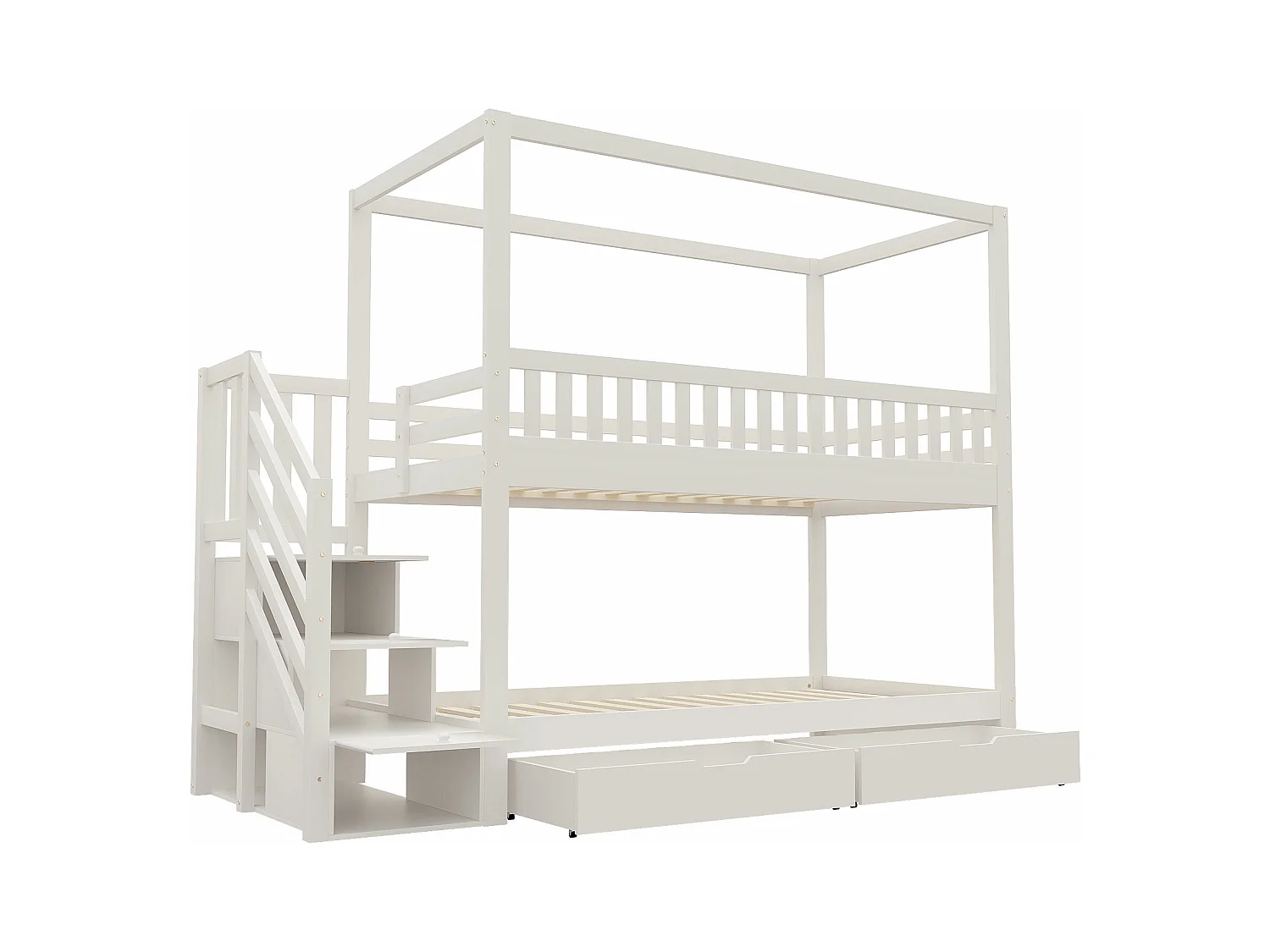 Lit superposé enfant 90x200 cm - design barrière de sécurité - avec 2 tiroirs - échelle de sécurité - blanc