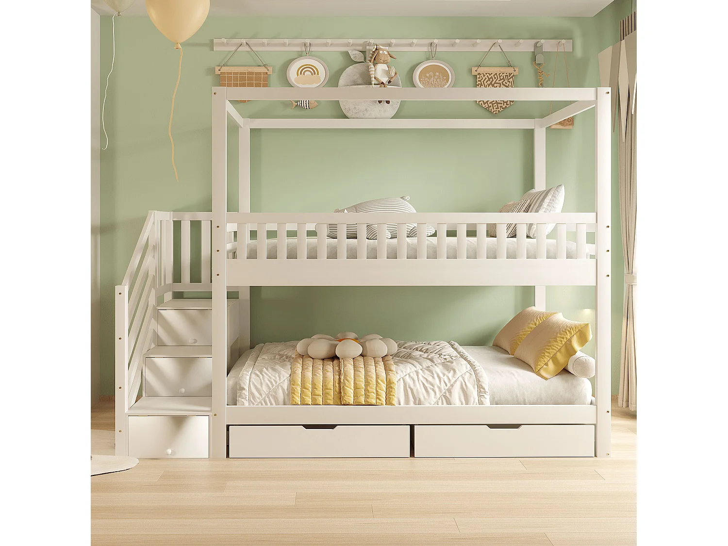 Letto a castello per bambini 90×200 cm - design con barriera di sicurezza - con 2 cassetti - scala di sicurezza - bianco