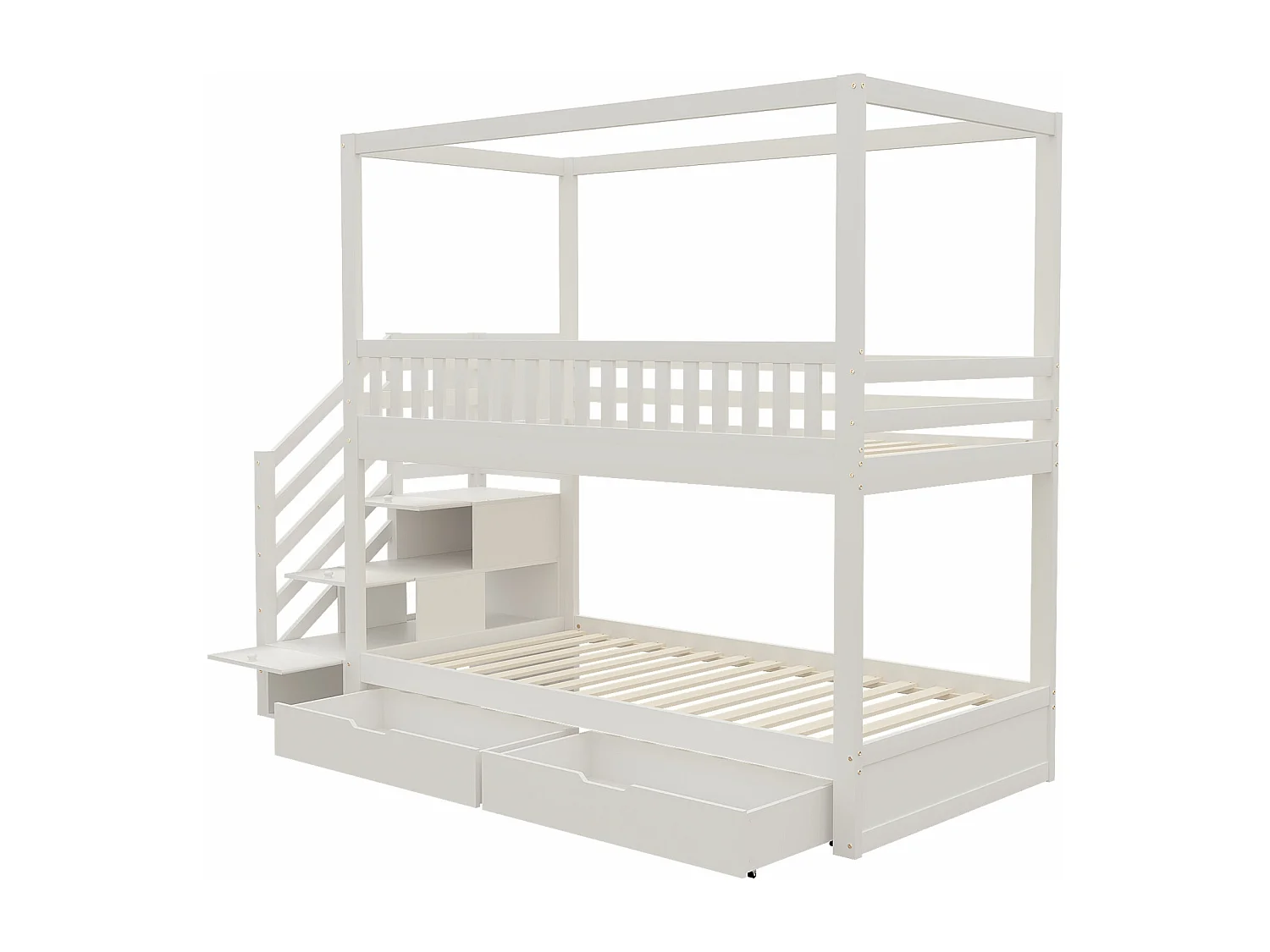 Letto a castello per bambini 90×200 cm - design con barriera di sicurezza - con 2 cassetti - scala di sicurezza - bianco