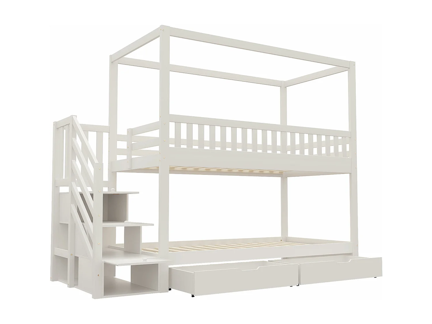 Letto a castello per bambini 90×200 cm - design con barriera di sicurezza - con 2 cassetti - scala di sicurezza - bianco