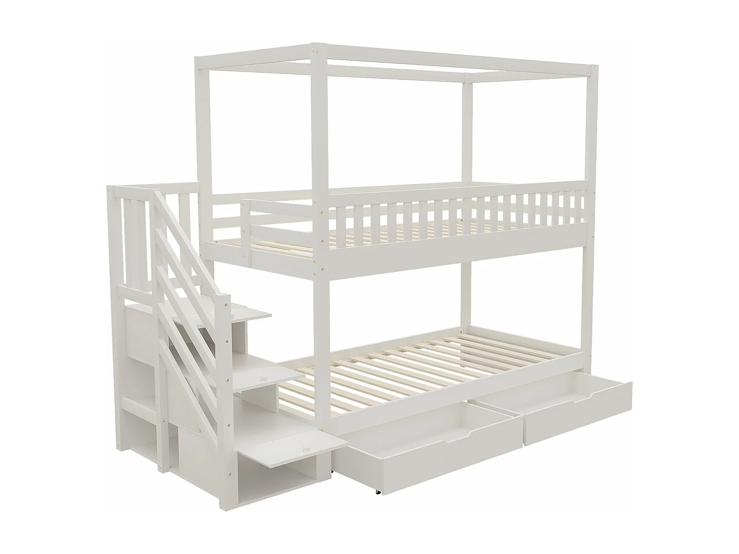 Letto a castello per bambini 90×200 cm - design con barriera di sicurezza - con 2 cassetti - scala di sicurezza - bianco