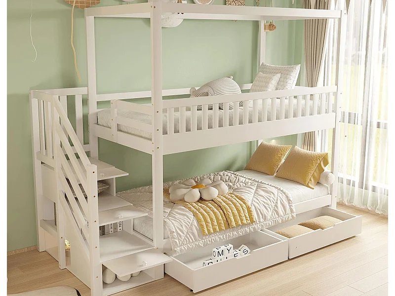 Lit superposé enfant 90x200 cm - design barrière de sécurité - avec 2 tiroirs - échelle de sécurité - blanc