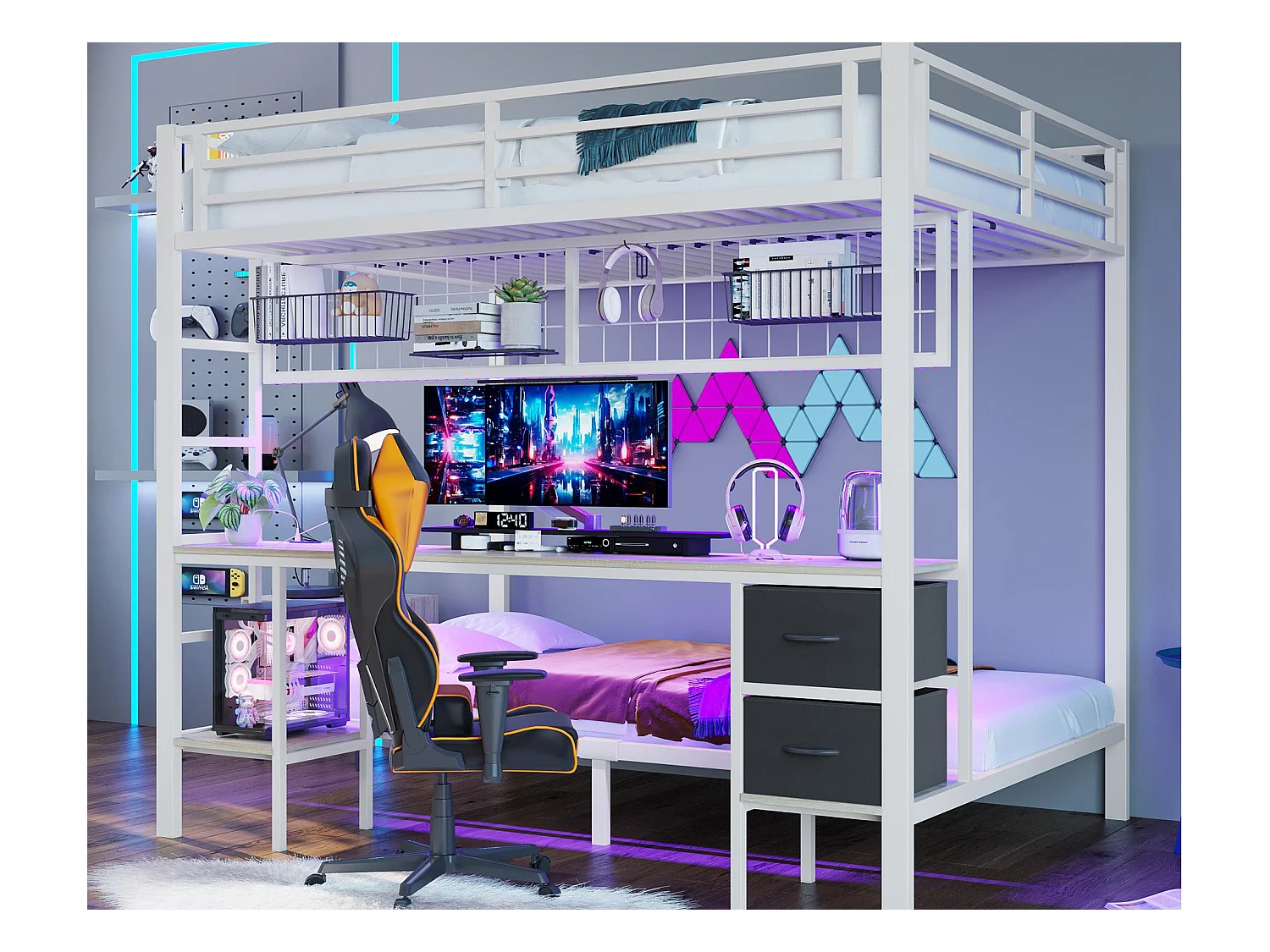 Lit superposé 140x200cm - avec tiroir - avec bureau - avec éclairage LED + USB - blanc (sans matelas)