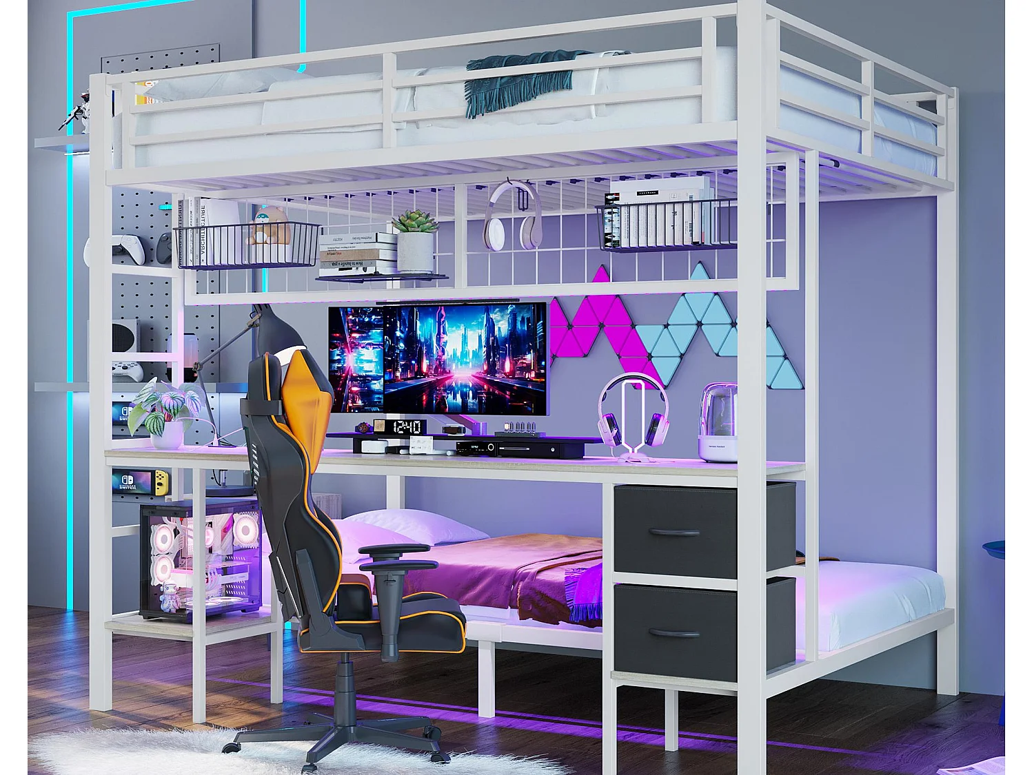 Etagenbett 140×200 cm - mit Schublade - mit Schreibtisch - mit LED-Beleuchtung + USB - weiß (ohne Matratze)