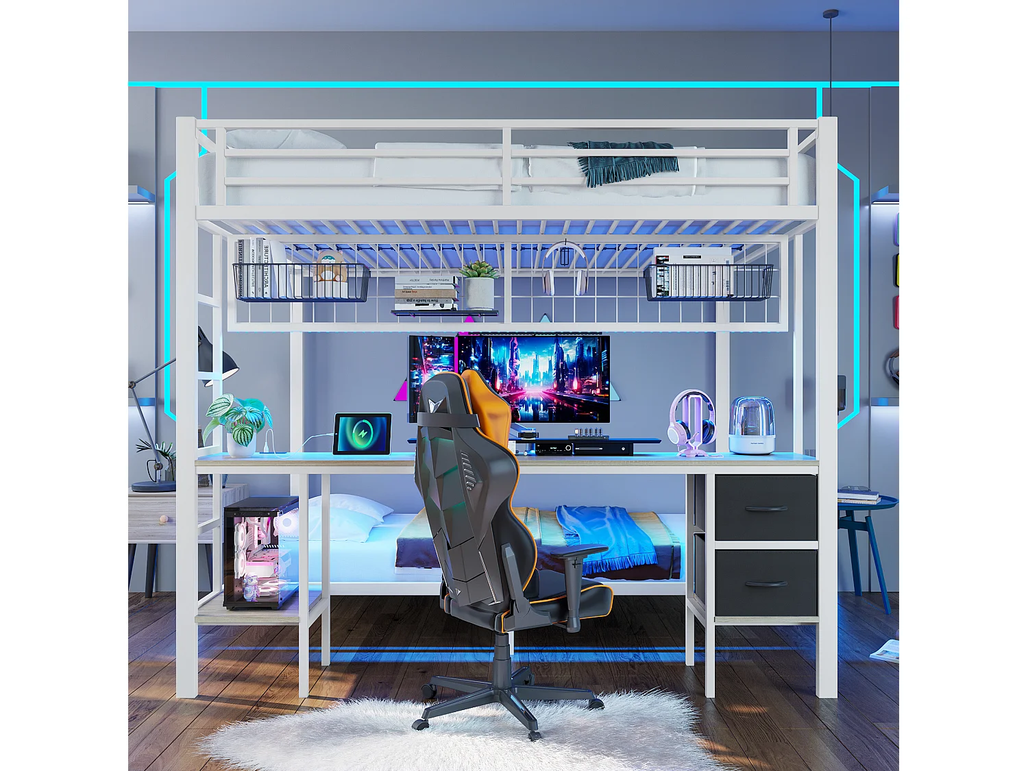 Etagenbett 140×200 cm - mit Schublade - mit Schreibtisch - mit LED-Beleuchtung + USB - weiß (ohne Matratze)