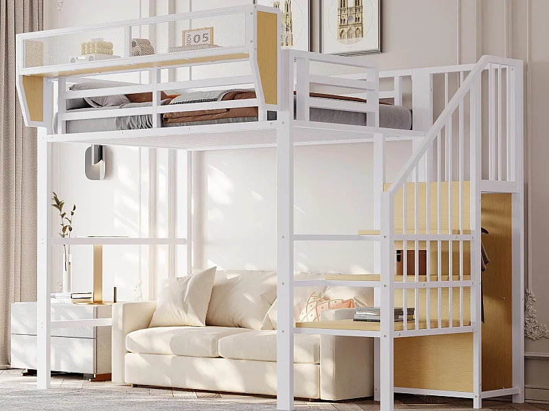 Cama mezzanino 90×200 cm - com escada - armazenamento modular - metal - branco (sem colchão)