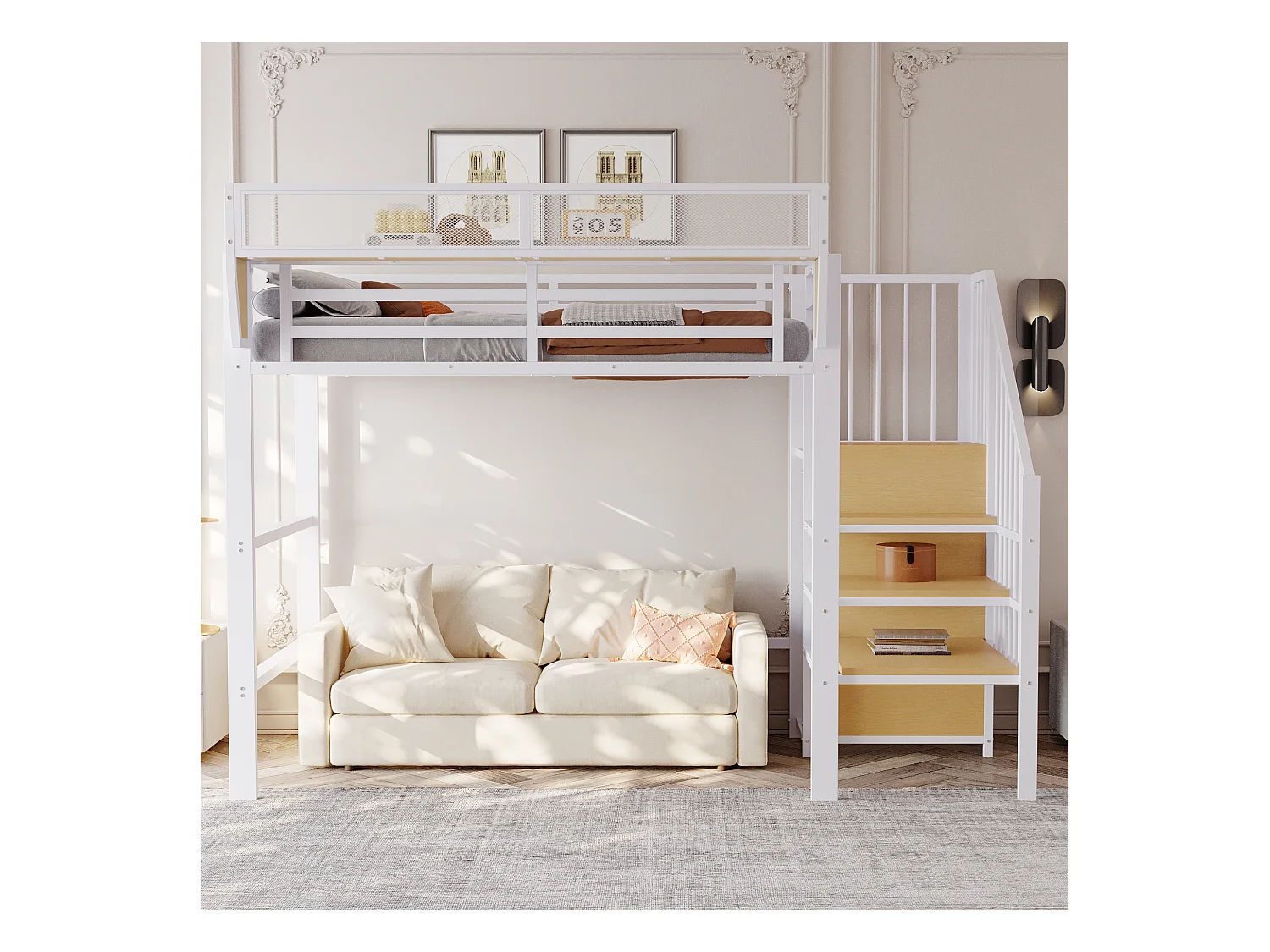 Lit mezzanine 90x200cm - avec échelle - rangements modulables - métal - blanc (sans matelas)