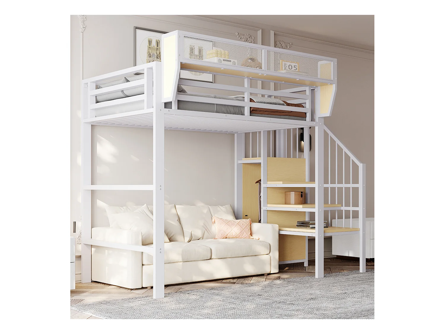 Lit mezzanine 90x200cm - avec échelle - rangements modulables - métal - blanc (sans matelas)
