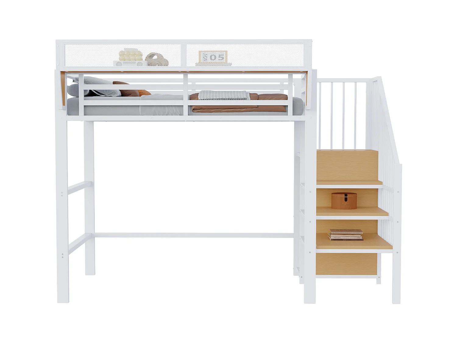 Lit mezzanine 90x200cm - avec échelle - rangements modulables - métal - blanc (sans matelas)