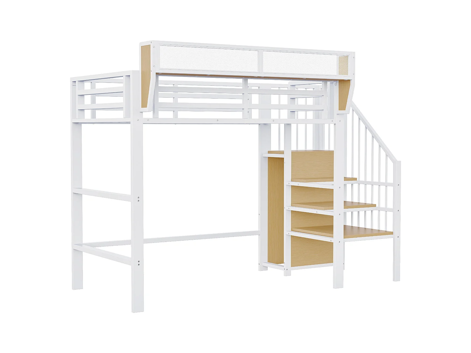 Lit mezzanine 90x200cm - avec échelle - rangements modulables - métal - blanc (sans matelas)