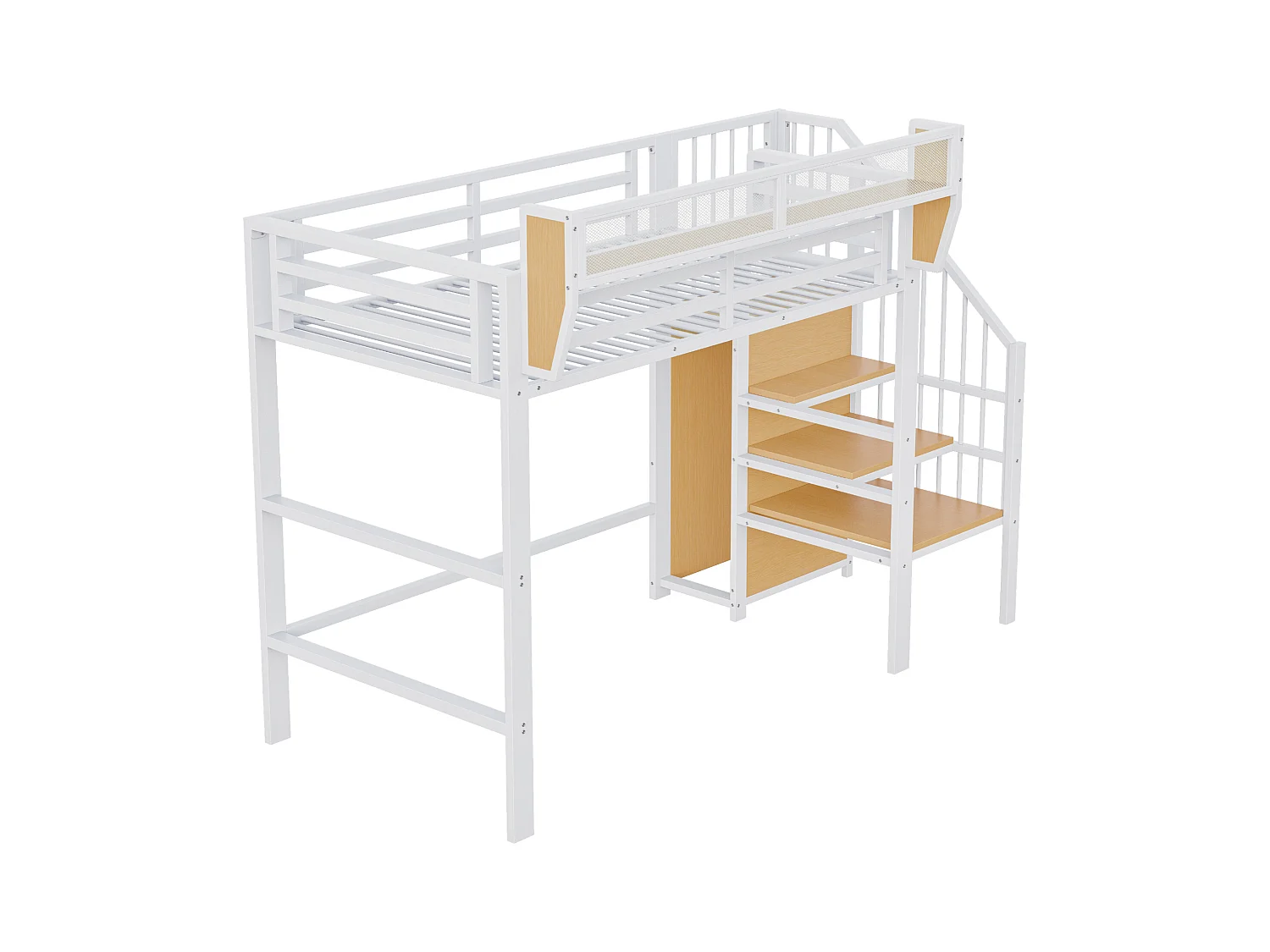 Lit mezzanine 90x200cm - avec échelle - rangements modulables - métal - blanc (sans matelas)