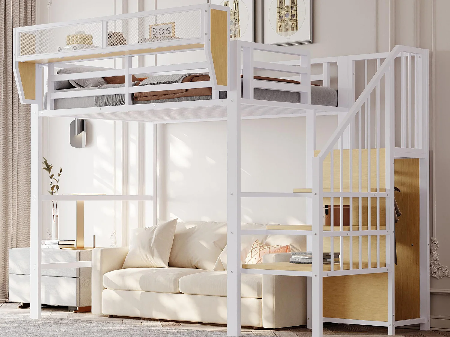 Lit mezzanine 90x200cm - avec échelle - rangements modulables - métal - blanc (sans matelas)