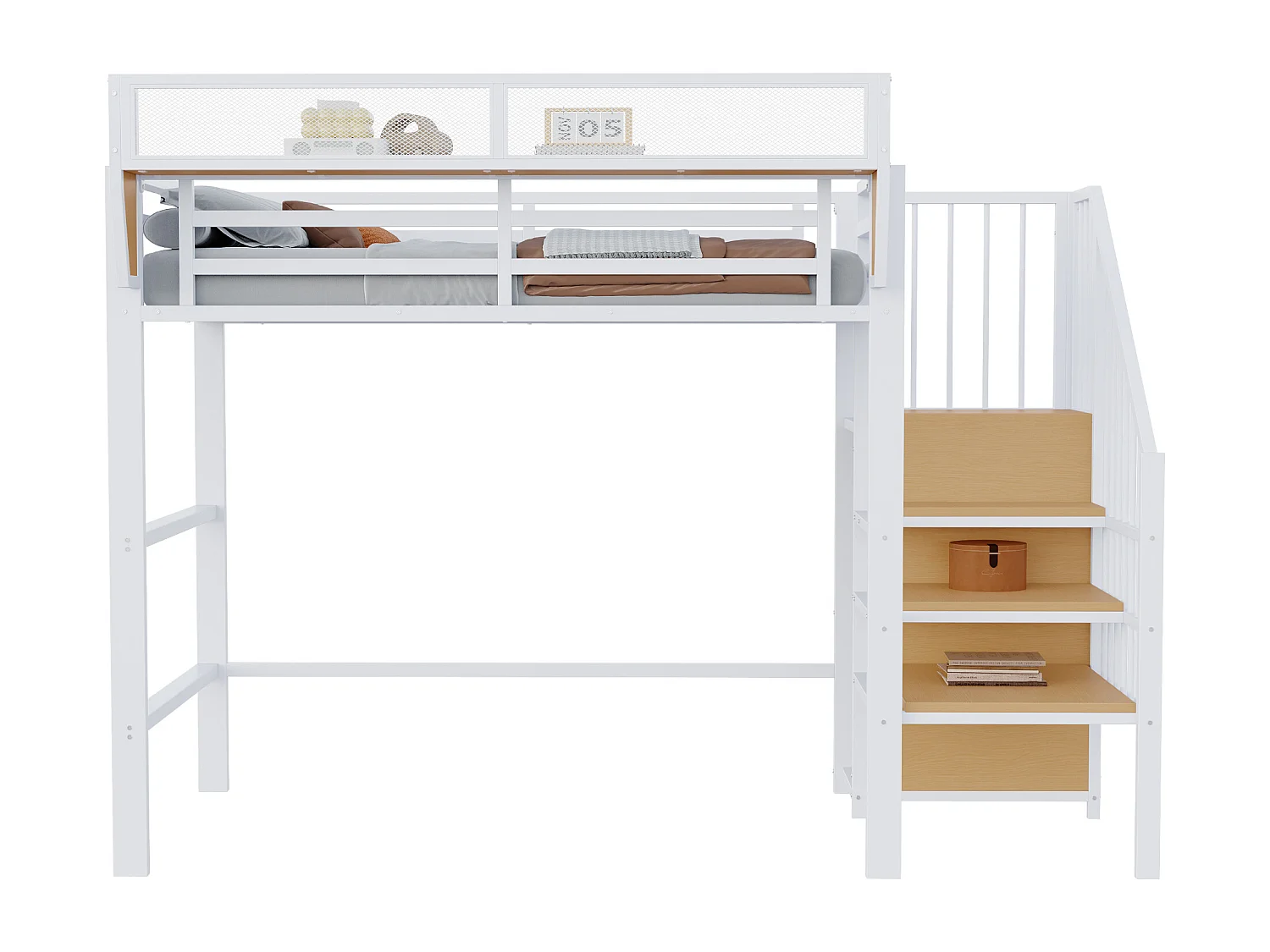 Lit mezzanine 90x200cm - avec échelle - rangements modulables - métal - blanc (sans matelas)