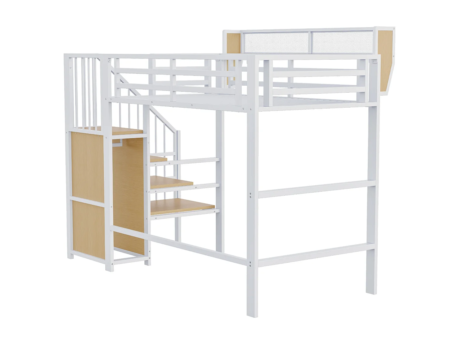 Lit mezzanine 90x200cm - avec échelle - rangements modulables - métal - blanc (sans matelas)