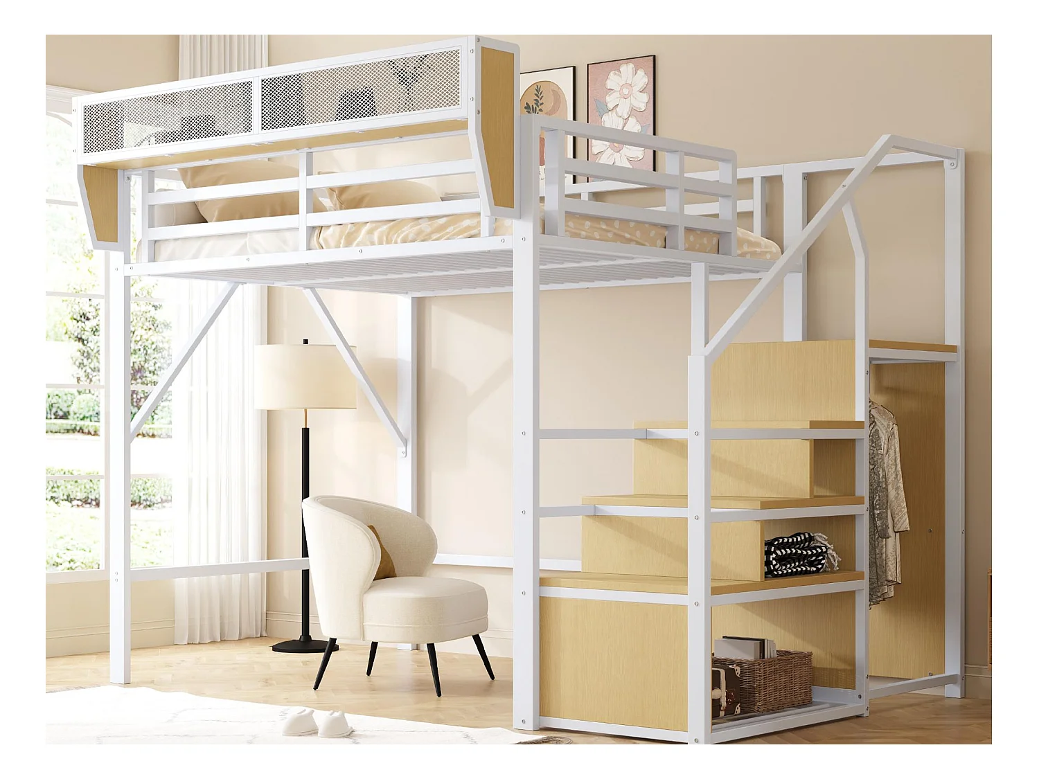 Lit mezzanine 140x200cm - avec échelle - rangements modulables - métal - blanc (sans matelas)