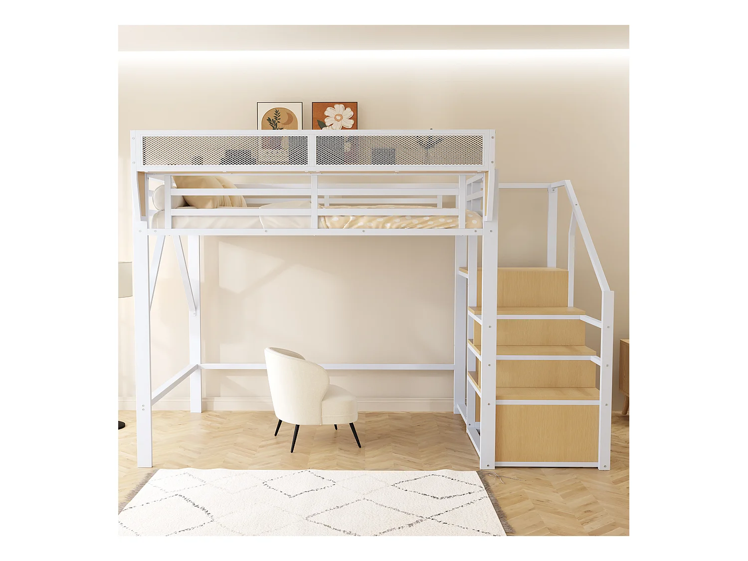 Lit mezzanine 140x200cm - avec échelle - rangements modulables - métal - blanc (sans matelas)