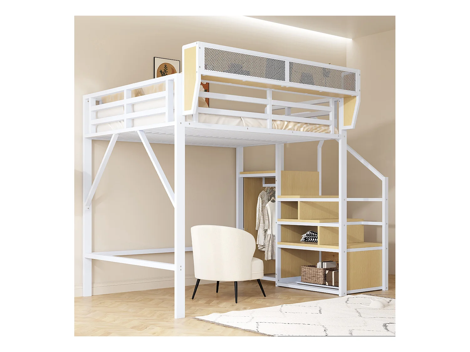 Lit mezzanine 140x200cm - avec échelle - rangements modulables - métal - blanc (sans matelas)