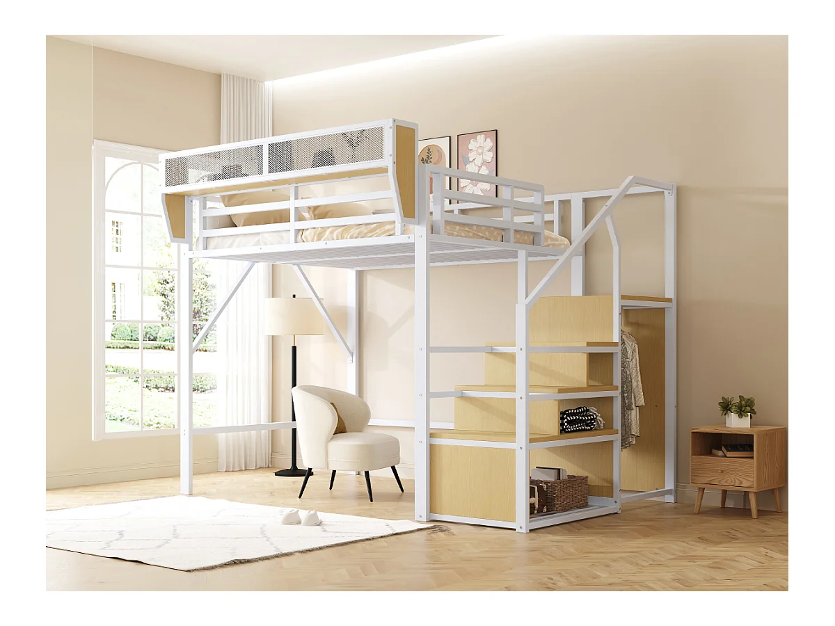 Lit mezzanine 140x200cm - avec échelle - rangements modulables - métal - blanc (sans matelas)