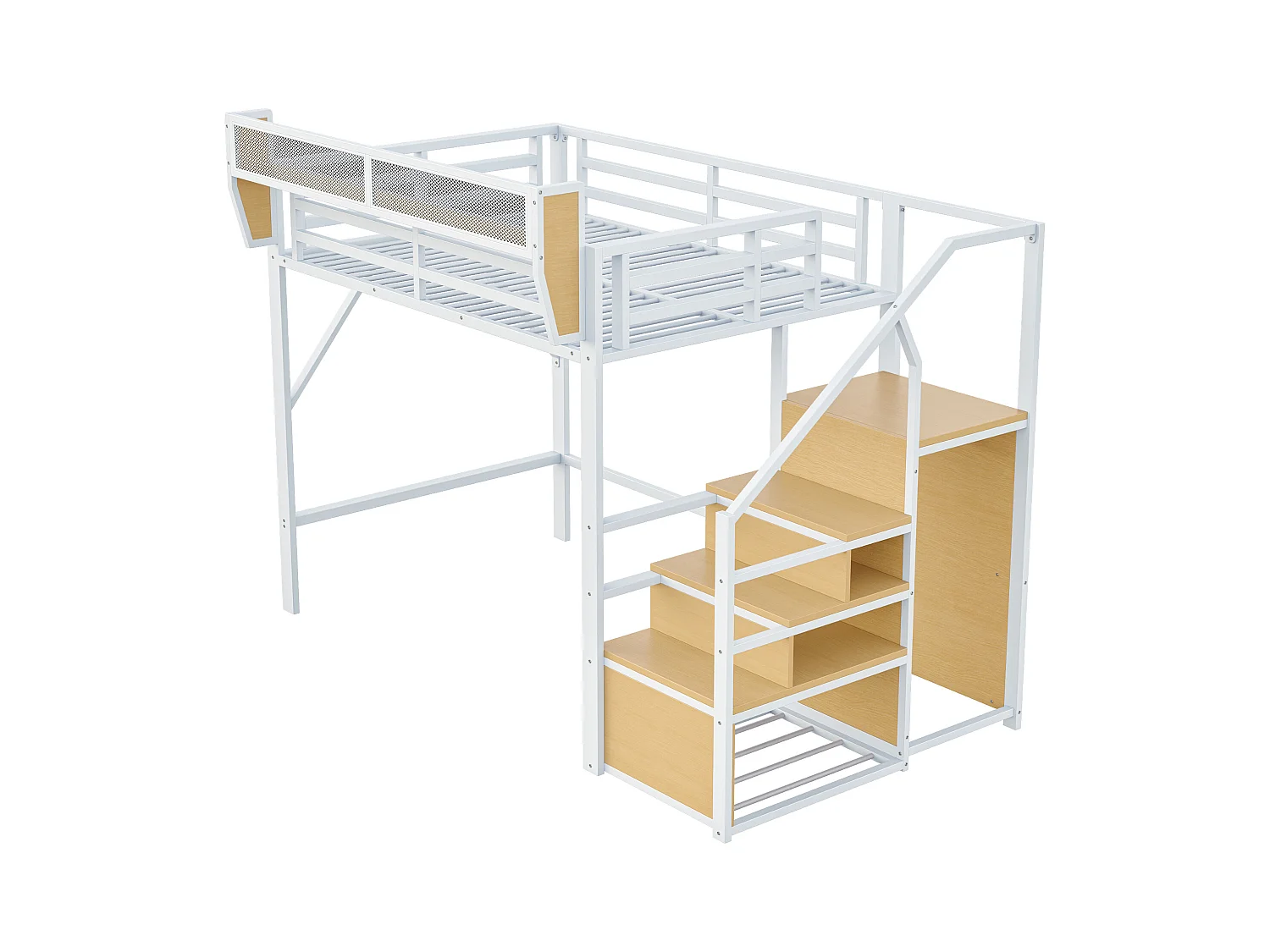 Lit mezzanine 140x200cm - avec échelle - rangements modulables - métal - blanc (sans matelas)