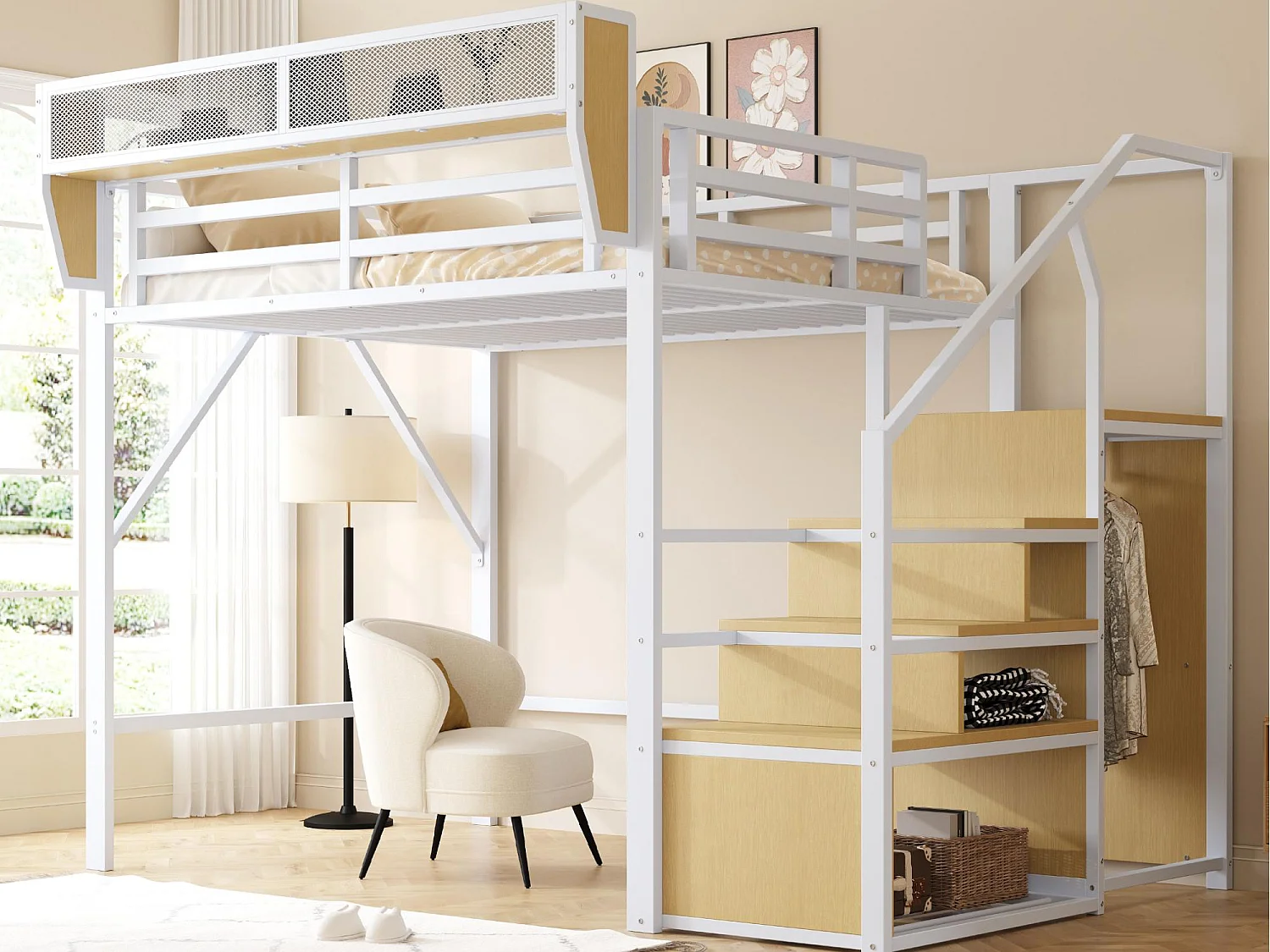 Lit mezzanine 140x200cm - avec échelle - rangements modulables - métal - blanc (sans matelas)