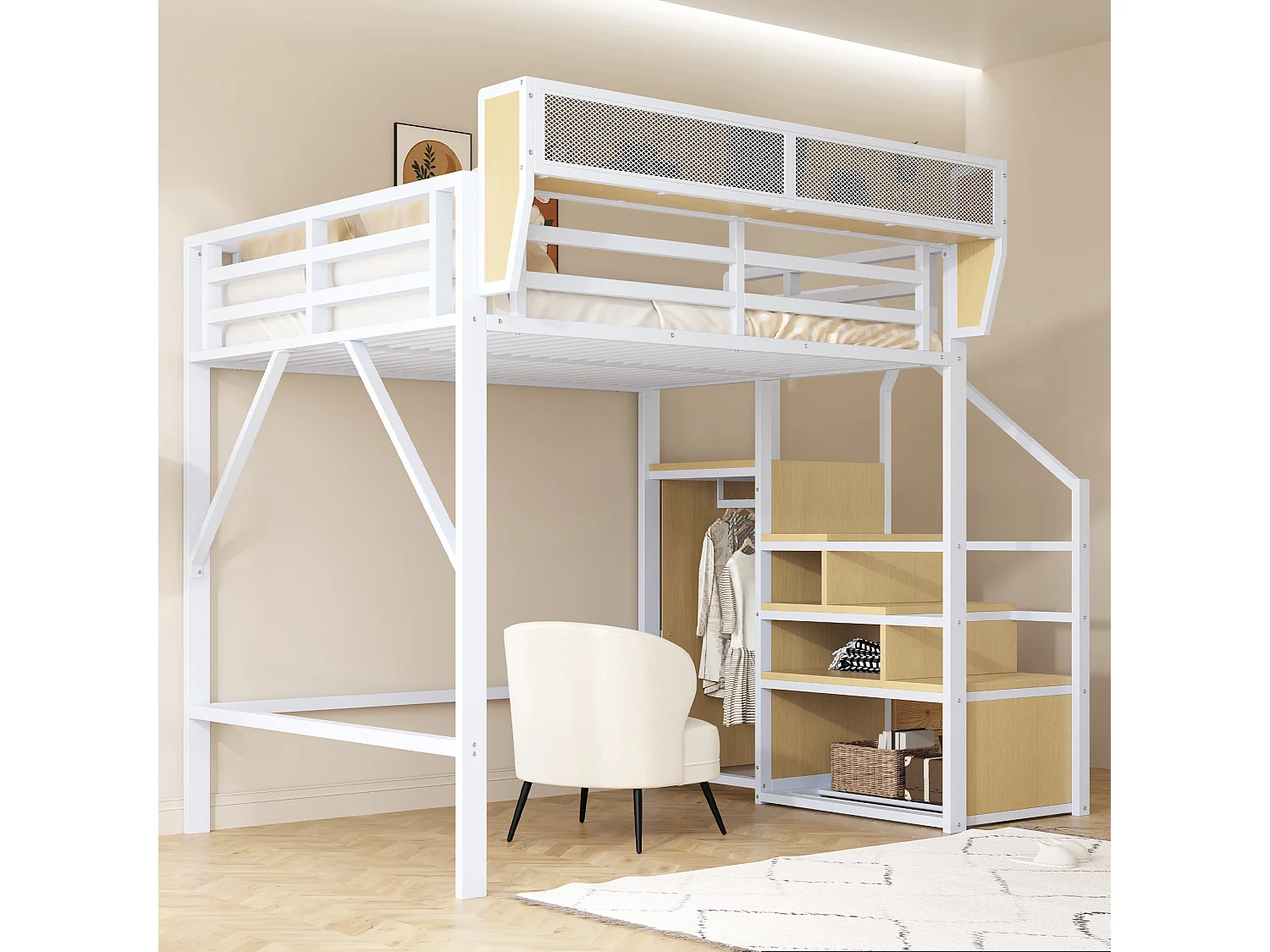 Lit mezzanine 140x200cm - avec échelle - rangements modulables - métal - blanc (sans matelas)