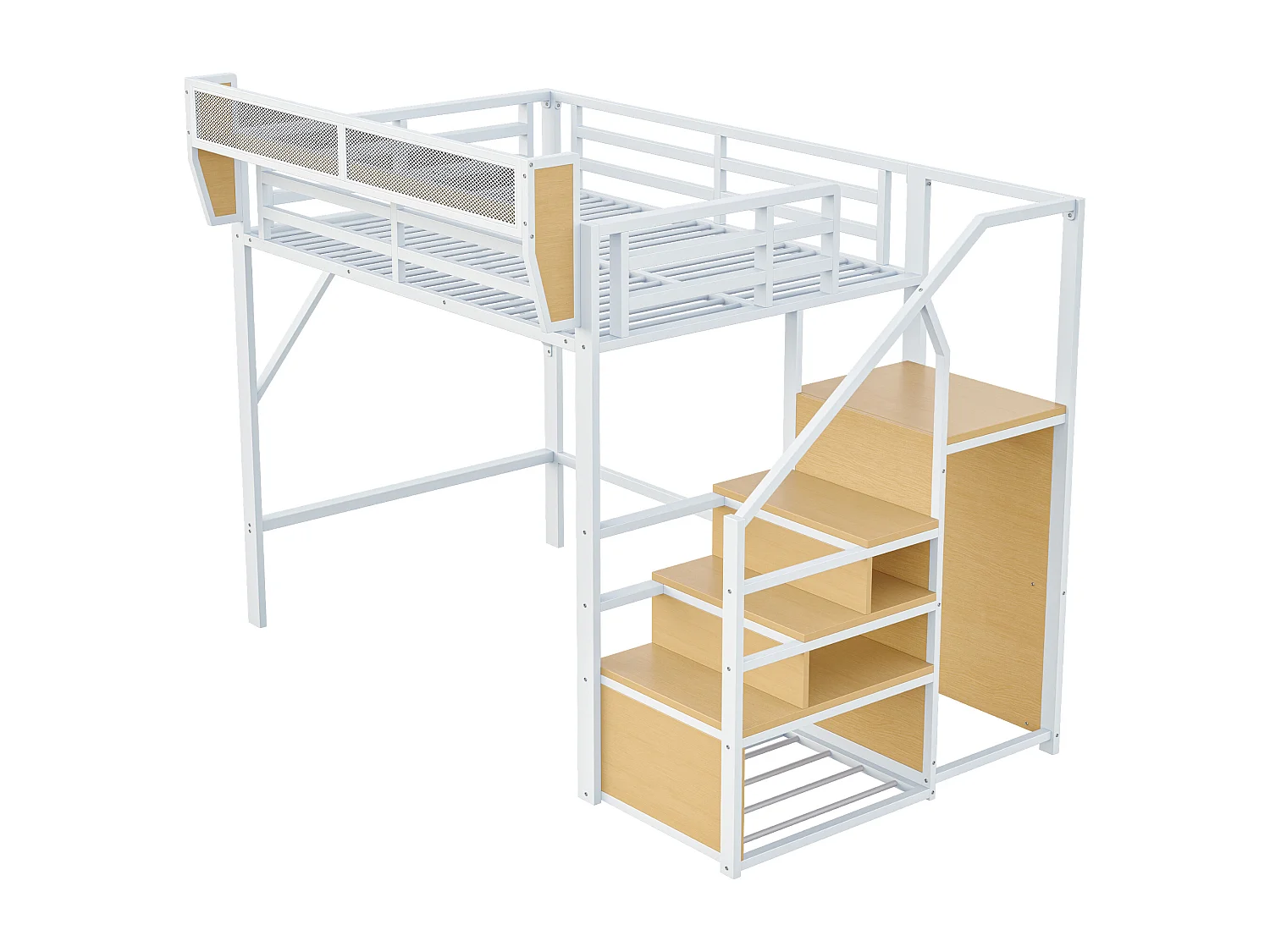 Lit mezzanine 140x200cm - avec échelle - rangements modulables - métal - blanc (sans matelas)
