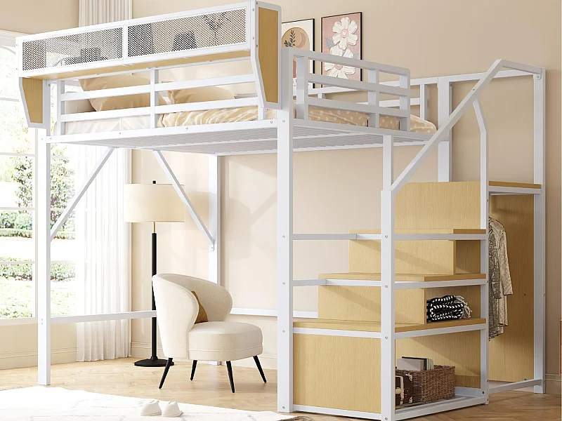 Lit mezzanine 140x200cm - avec échelle - rangements modulables - métal - blanc (sans matelas)