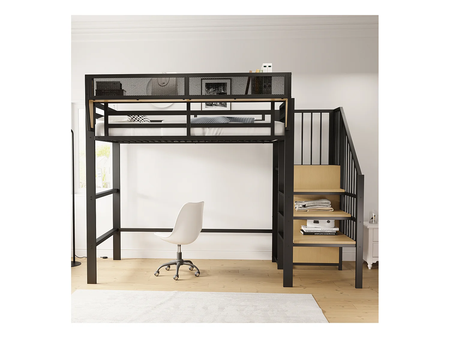 Hoogslaper 90×200 cm - met ladder - modulaire opbergruimte - metaal - zwart (zonder matras)