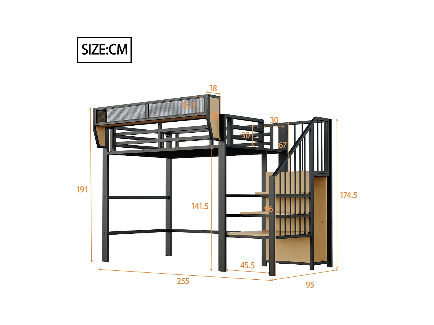 Hoogslaper 90×200 cm - met ladder - modulaire opbergruimte - metaal - zwart (zonder matras)