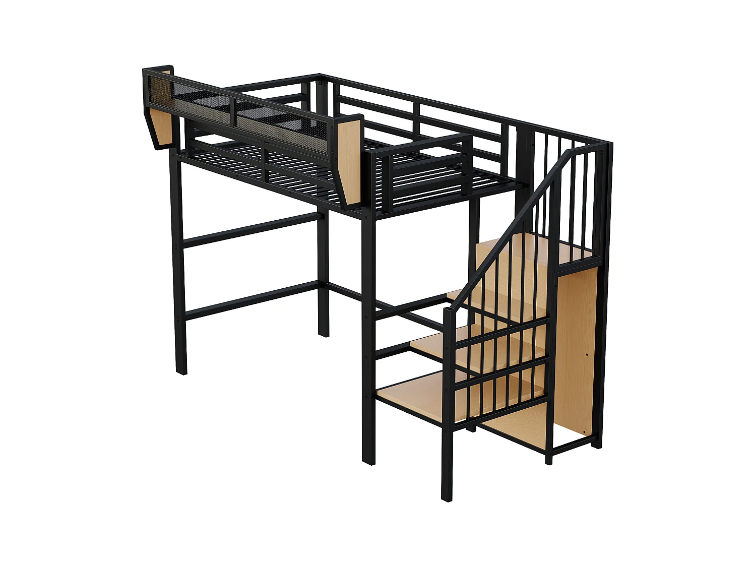 Hoogslaper 90×200 cm - met ladder - modulaire opbergruimte - metaal - zwart (zonder matras)