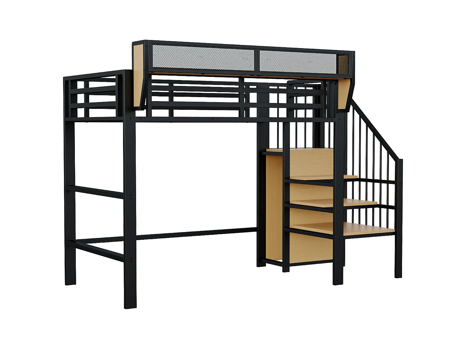 Hoogslaper 90×200 cm - met ladder - modulaire opbergruimte - metaal - zwart (zonder matras)