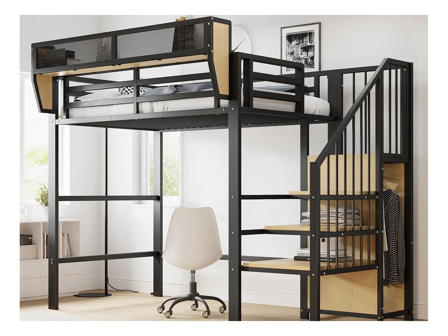 Lit mezzanine 90x200cm - avec échelle - rangements modulables - métal - noir (sans matelas)