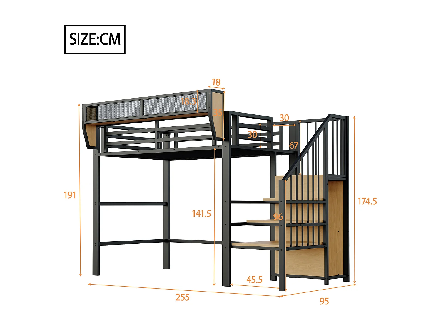Lit mezzanine 90x200cm - avec échelle - rangements modulables - métal - noir (sans matelas)