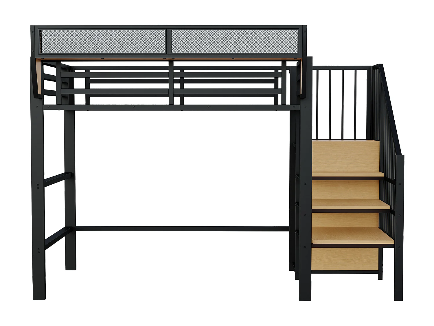 Lit mezzanine 90x200cm - avec échelle - rangements modulables - métal - noir (sans matelas)