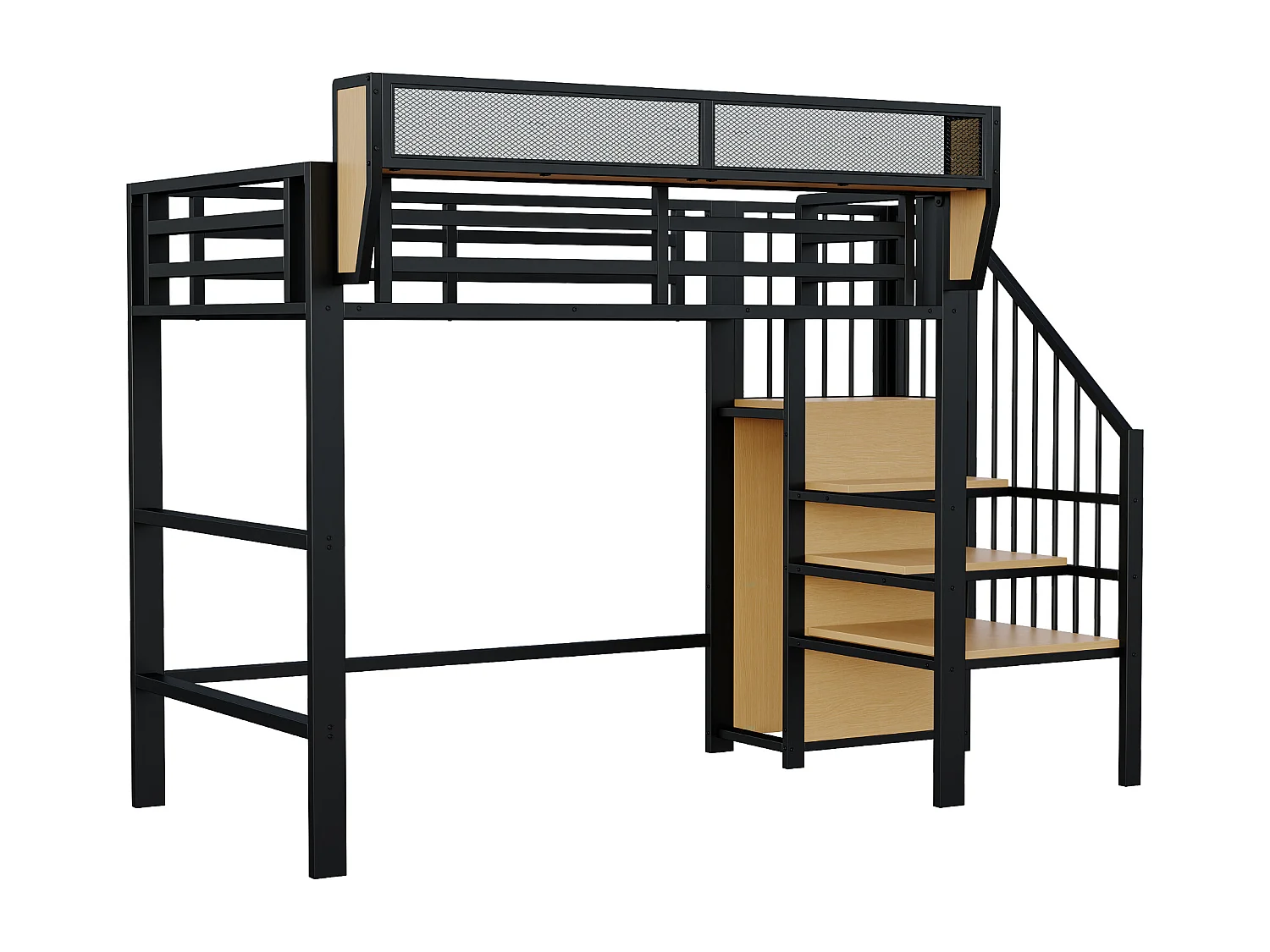 Lit mezzanine 90x200cm - avec échelle - rangements modulables - métal - noir (sans matelas)