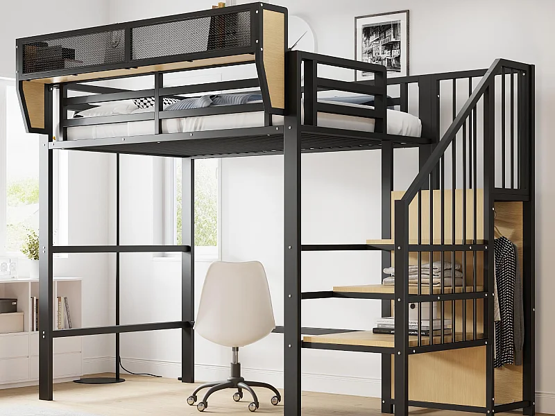 Lit mezzanine 90x200cm - avec échelle - rangements modulables - métal - noir (sans matelas)