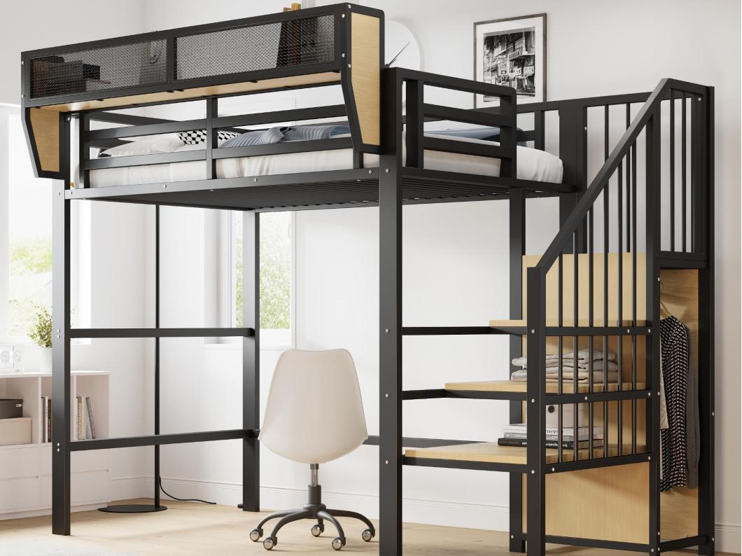 Hoogslaper 90×200 cm - met ladder - modulaire opbergruimte - metaal - zwart (zonder matras)