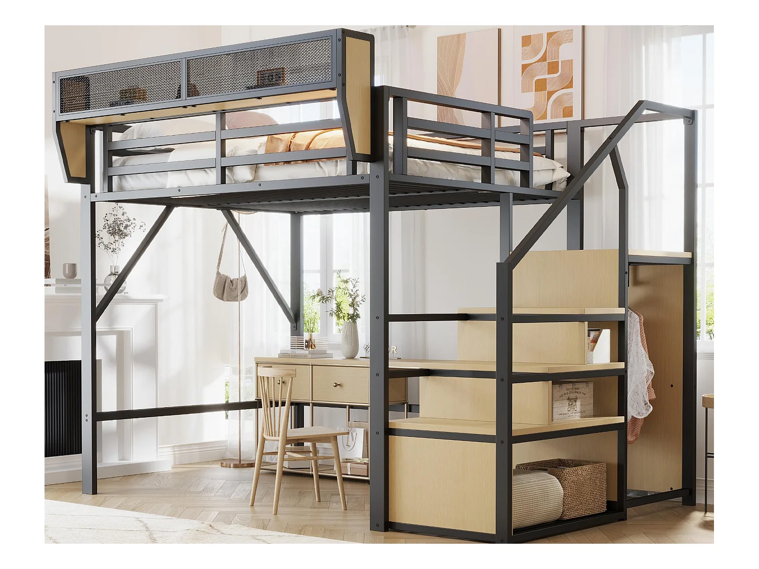 Lit mezzanine 140x200cm - avec échelle - rangements modulables - métal - noir (sans matelas)