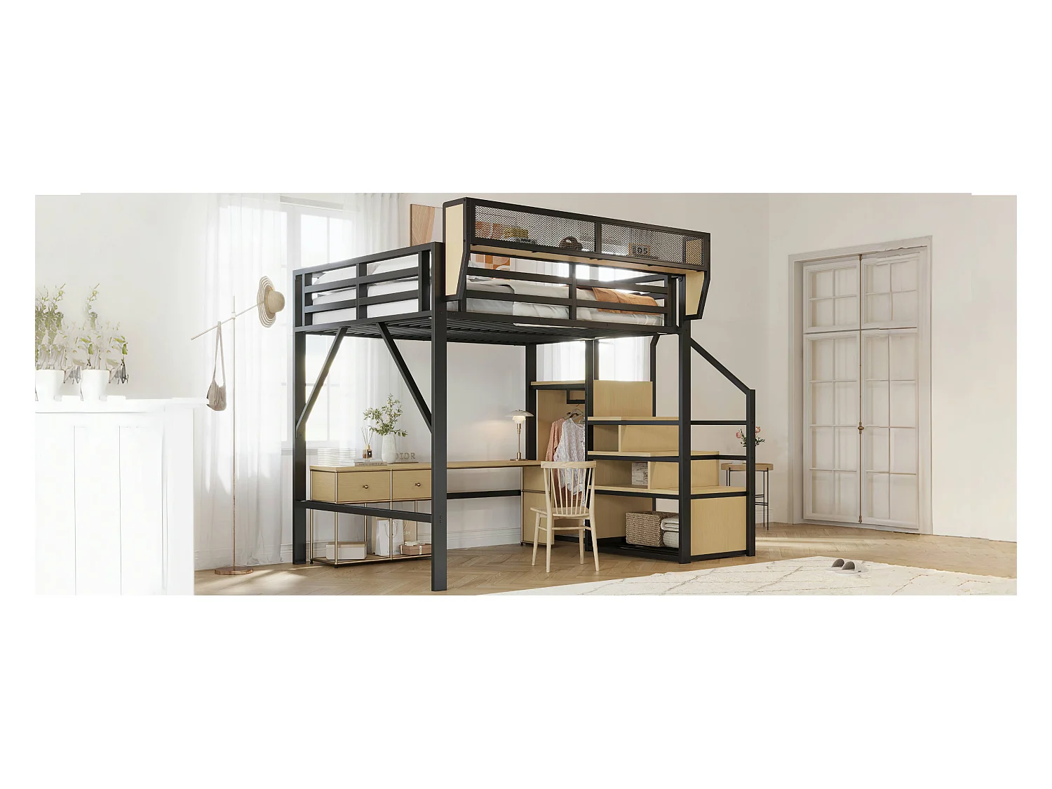 Lit mezzanine 140x200cm - avec échelle - rangements modulables - métal - noir (sans matelas)