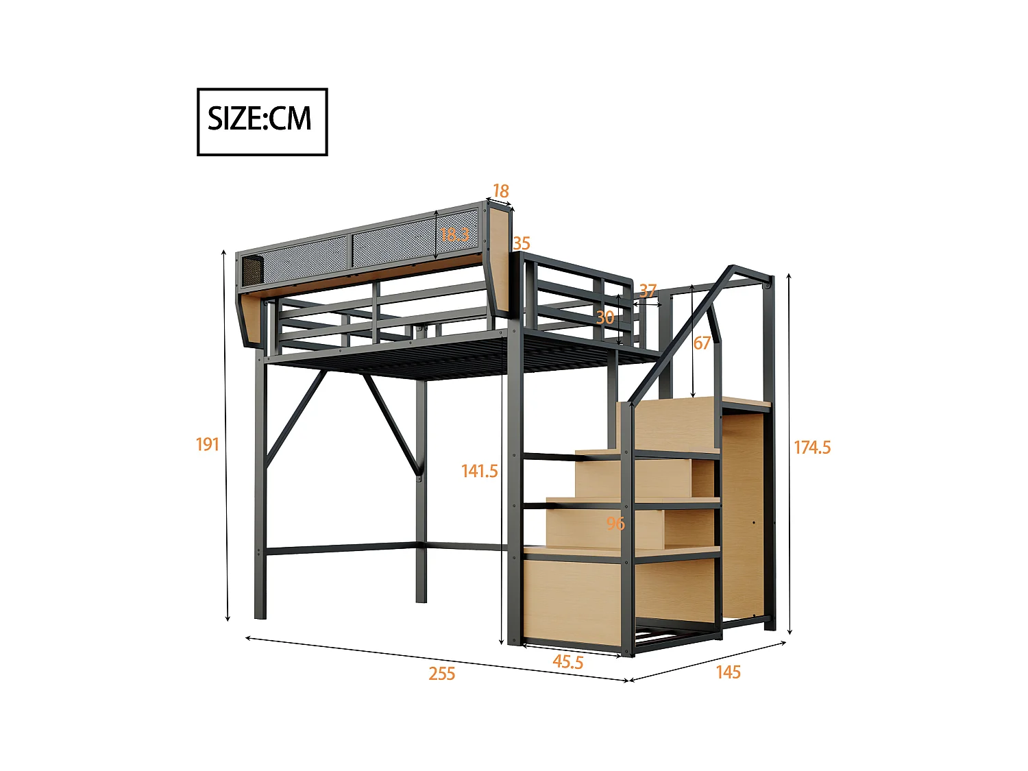 Lit mezzanine 140x200cm - avec échelle - rangements modulables - métal - noir (sans matelas)