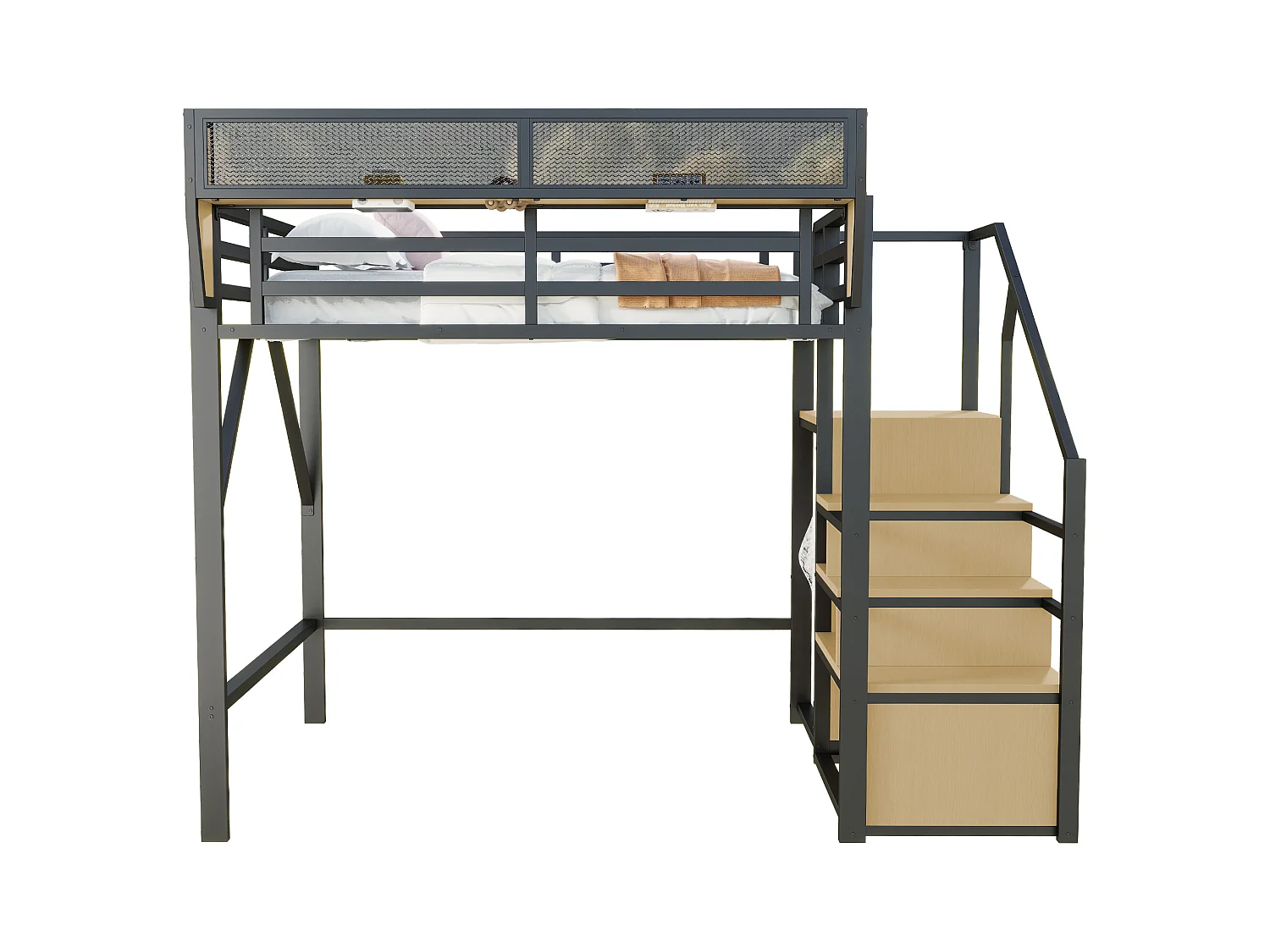 Lit mezzanine 140x200cm - avec échelle - rangements modulables - métal - noir (sans matelas)