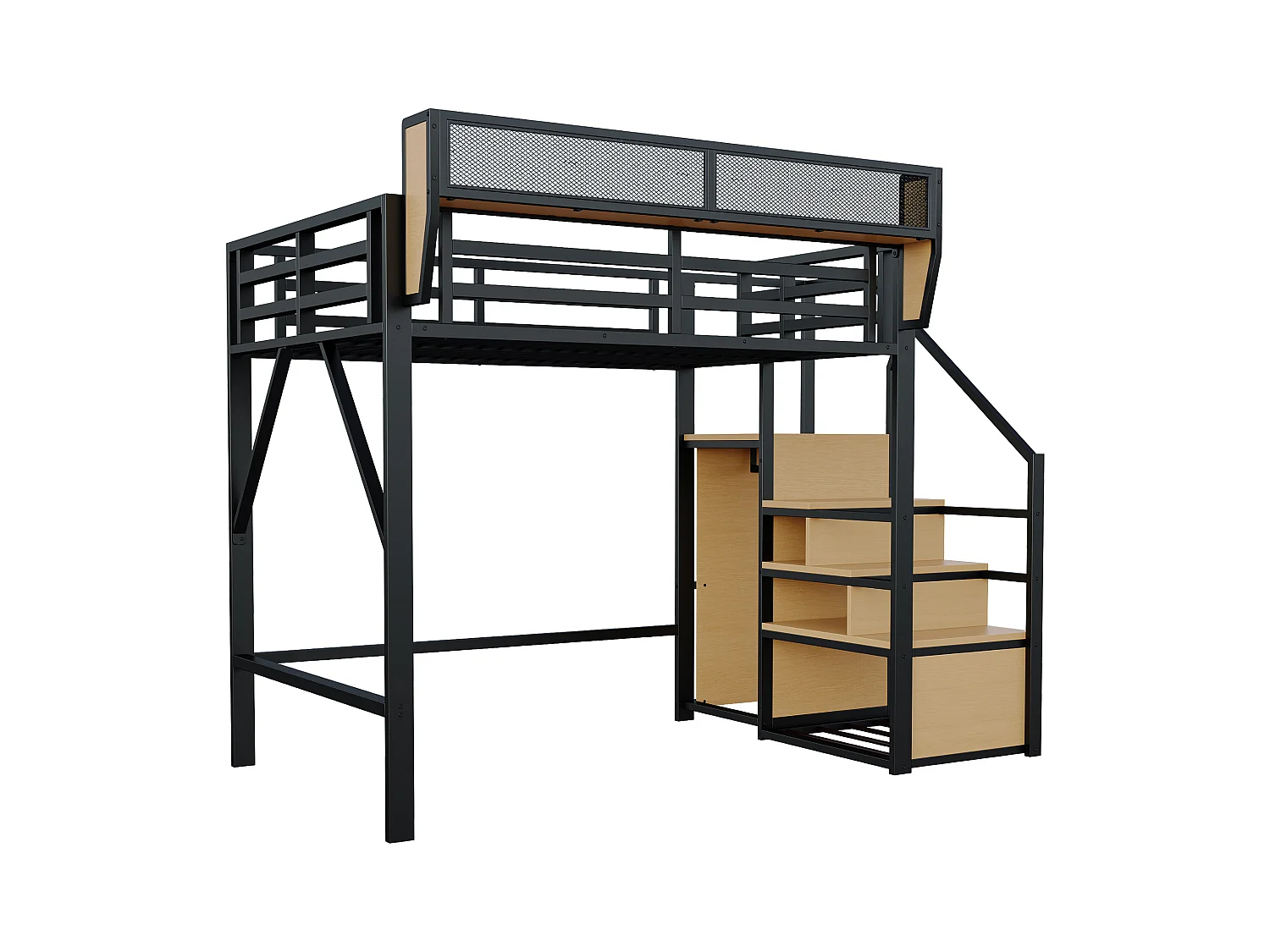 Lit mezzanine 140x200cm - avec échelle - rangements modulables - métal - noir (sans matelas)