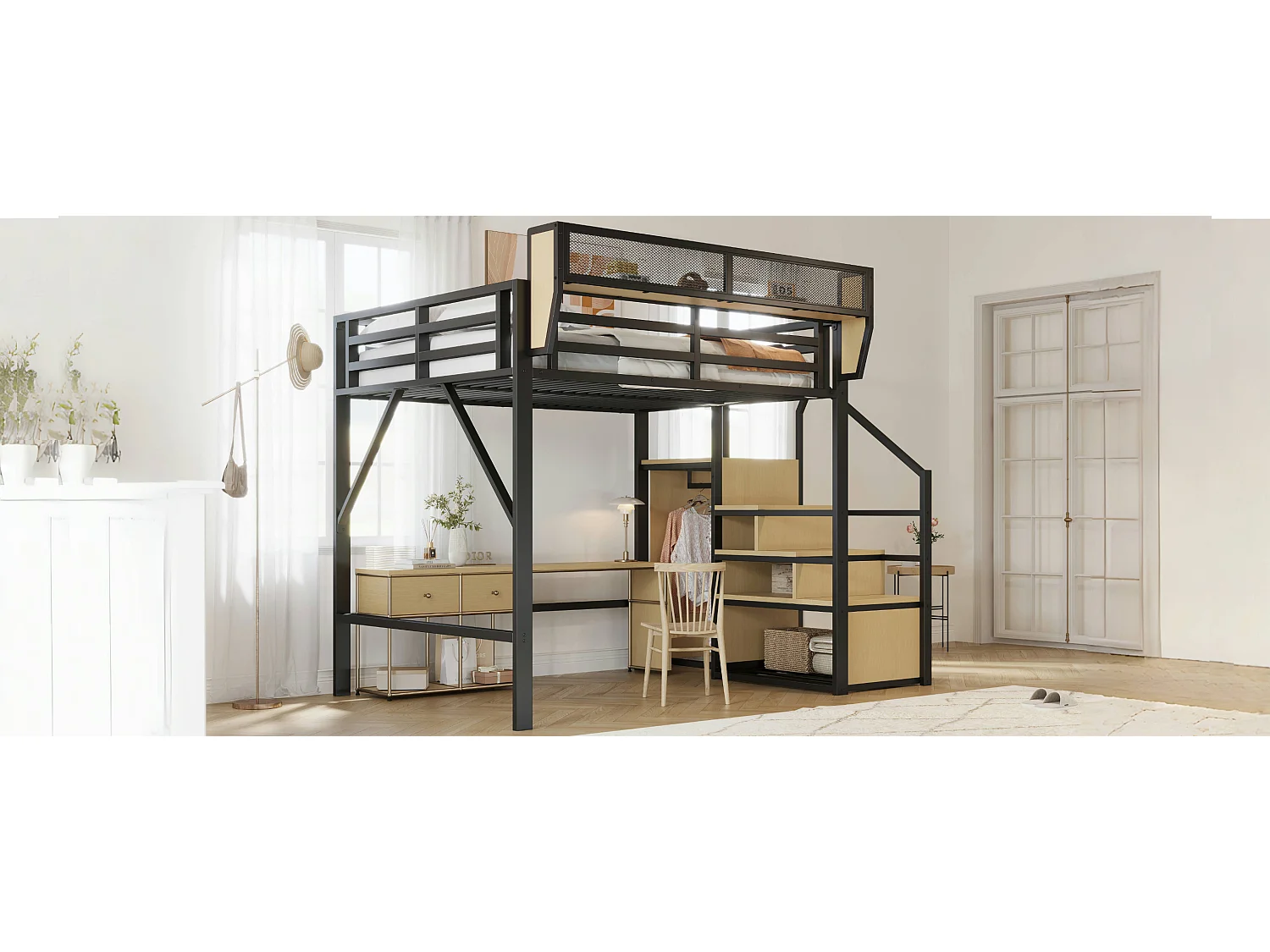 Lit mezzanine 140x200cm - avec échelle - rangements modulables - métal - noir (sans matelas)