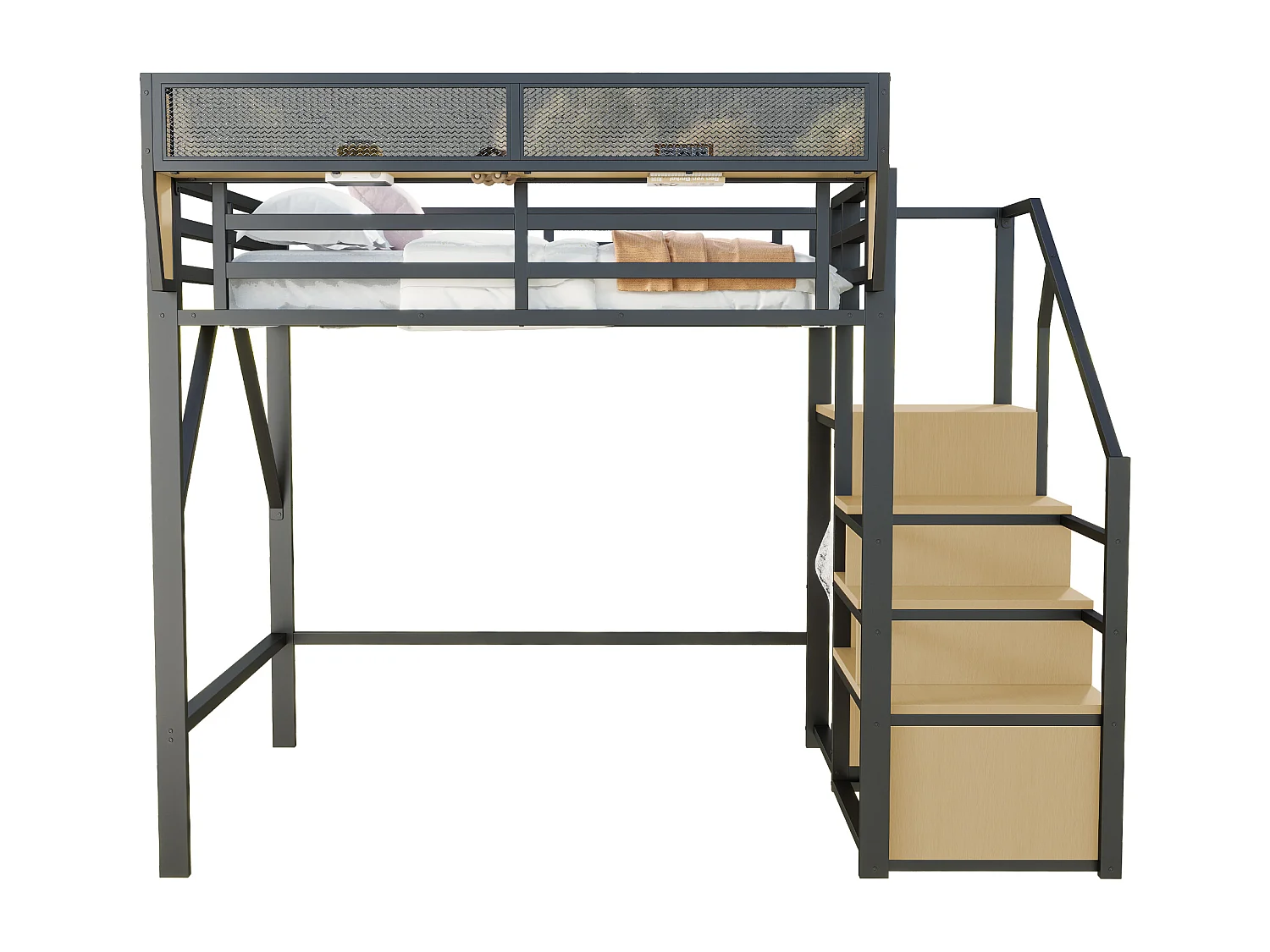 Lit mezzanine 140x200cm - avec échelle - rangements modulables - métal - noir (sans matelas)