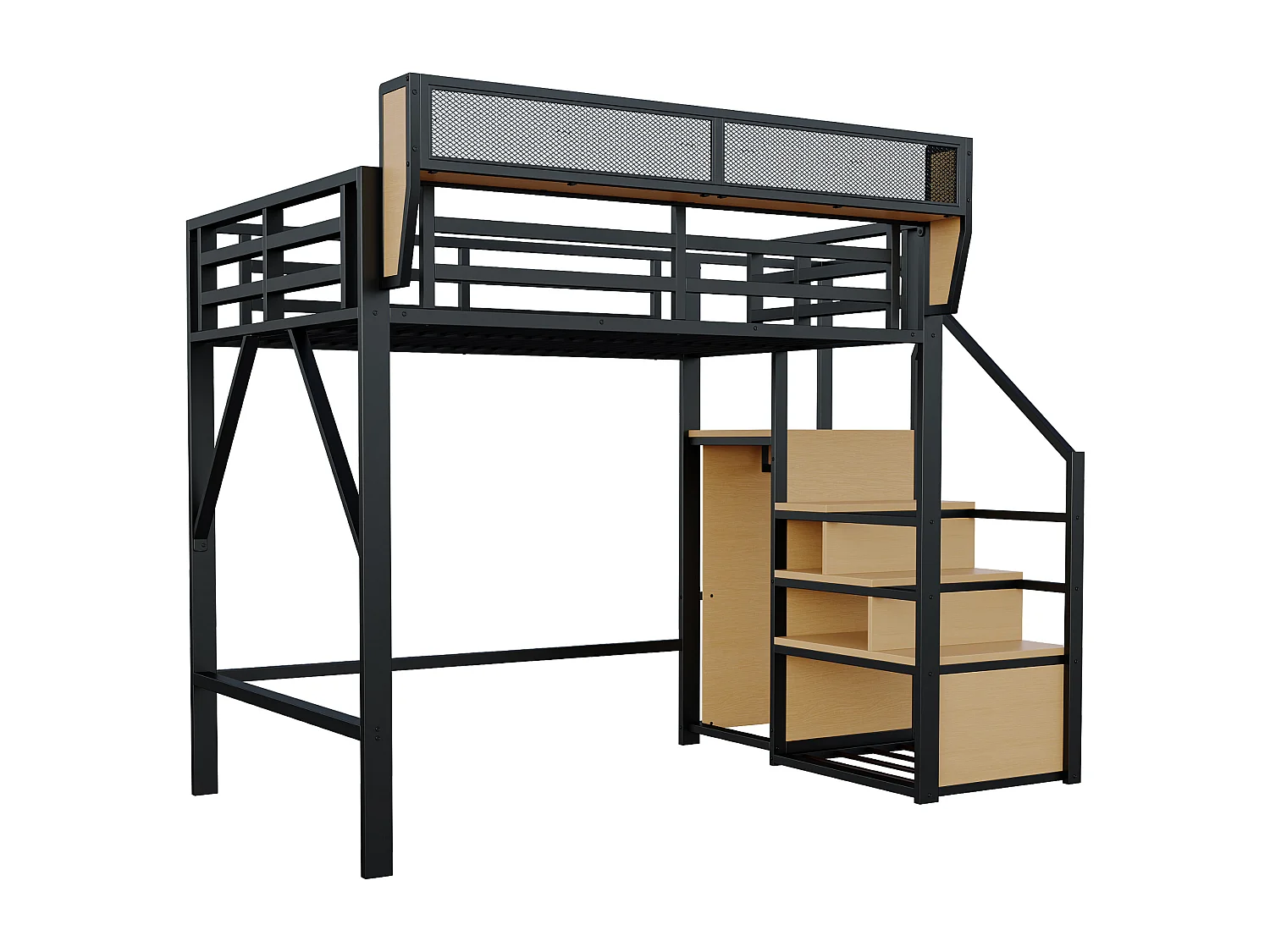 Lit mezzanine 140x200cm - avec échelle - rangements modulables - métal - noir (sans matelas)