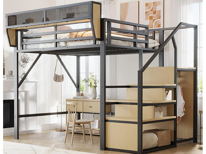 Lit mezzanine 140x200cm - avec échelle - rangements modulables - métal - noir (sans matelas)