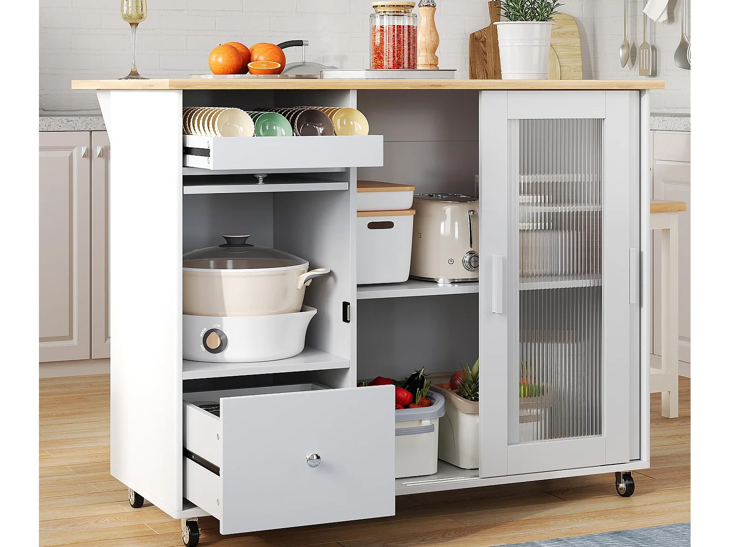 Ilot central de cuisine mobile - plateau extensible - 2 tiroirs et 2 portes coulissante - MDF - Blanc