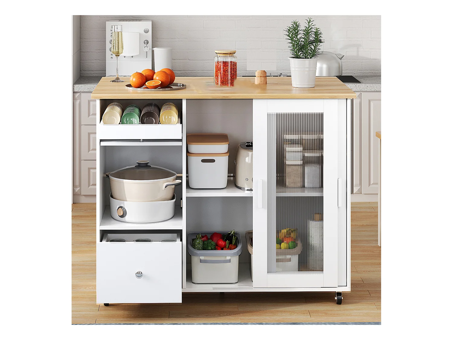 Ilot central de cuisine mobile - plateau extensible - 2 tiroirs et 2 portes coulissante - MDF - Blanc