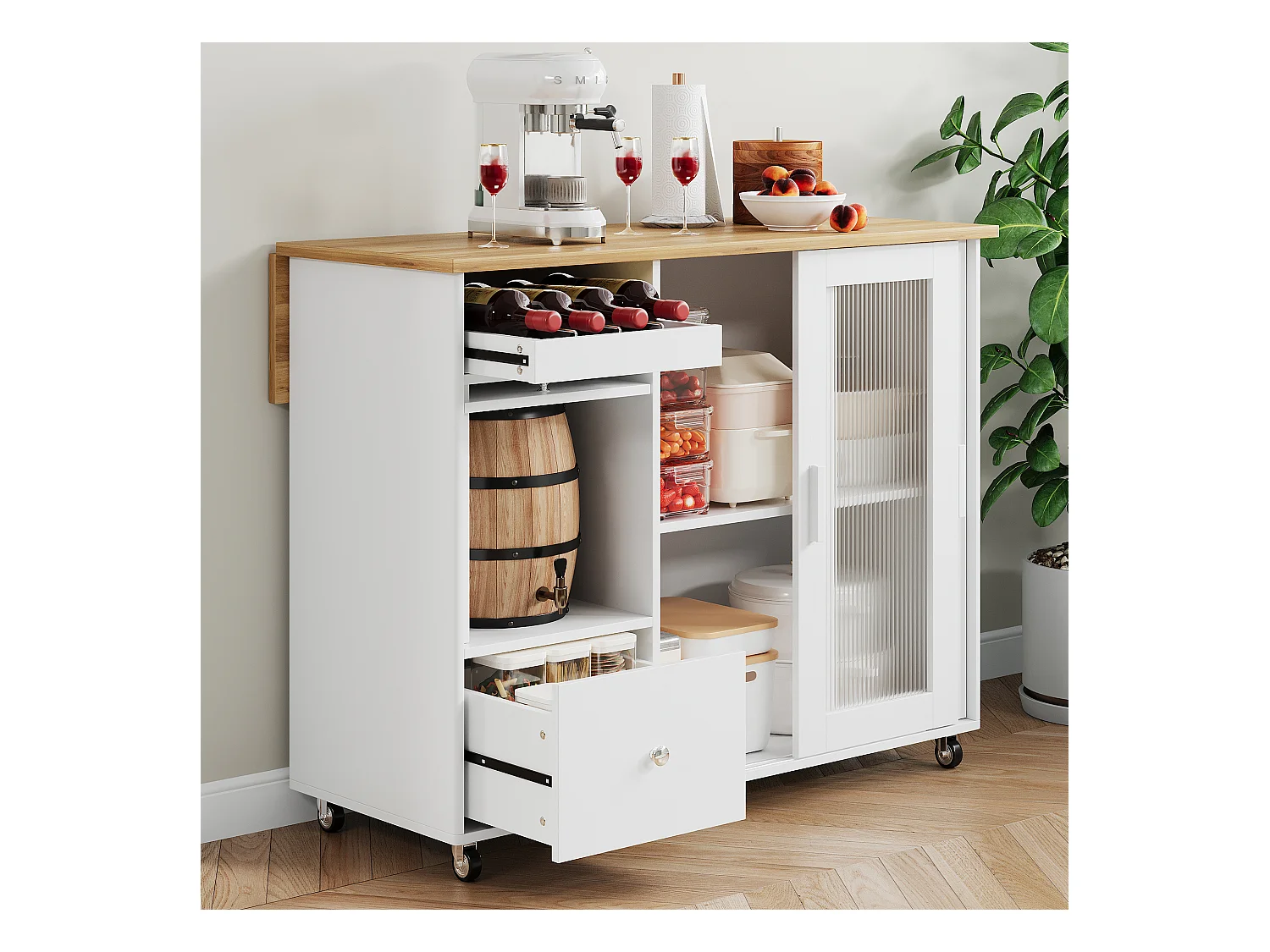 Ilot central de cuisine mobile - plateau extensible - 2 tiroirs et 2 portes coulissante - MDF - Blanc